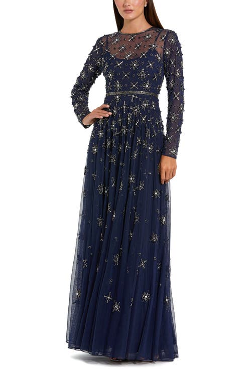 Mac Duggal Long Sleeve Crystal Embellished Evening Gown In Blue