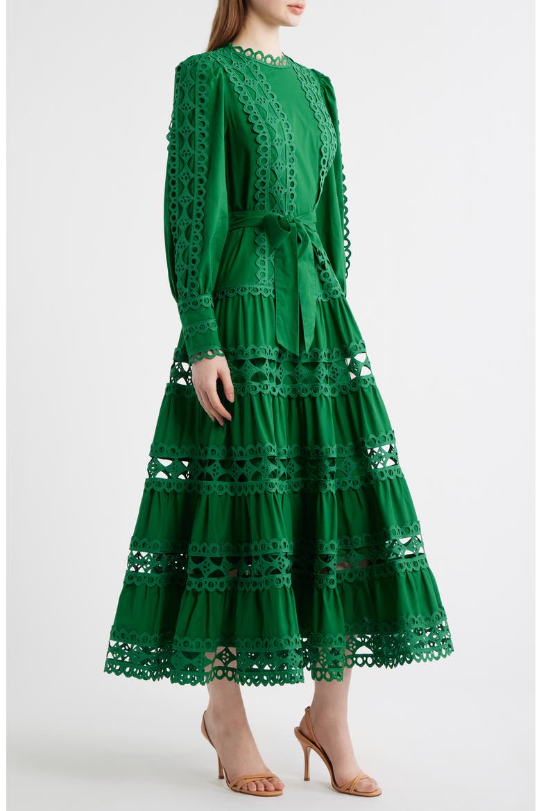 Lace Trim Long Sleeve Cotton Maxi Dress, Alternate, color, GREEN