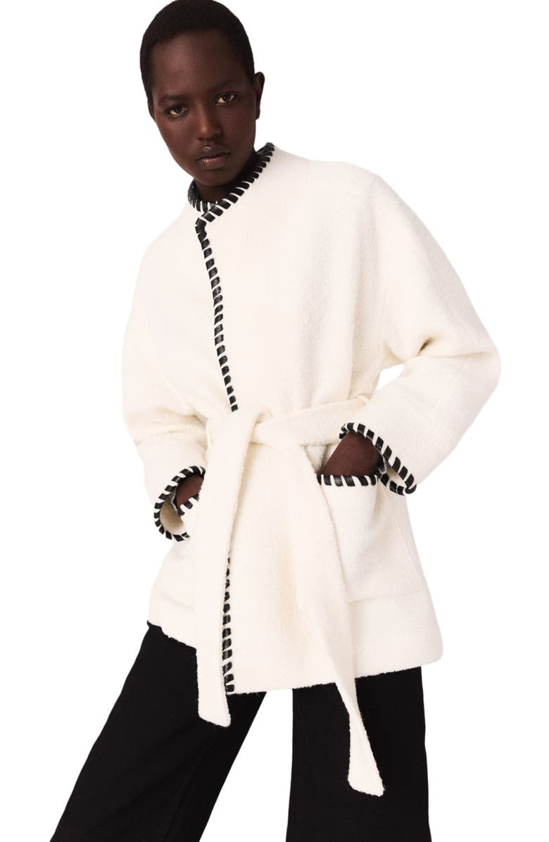 maje Lined coat with contrasting ribbon, Alternate, color, Ecru / Black