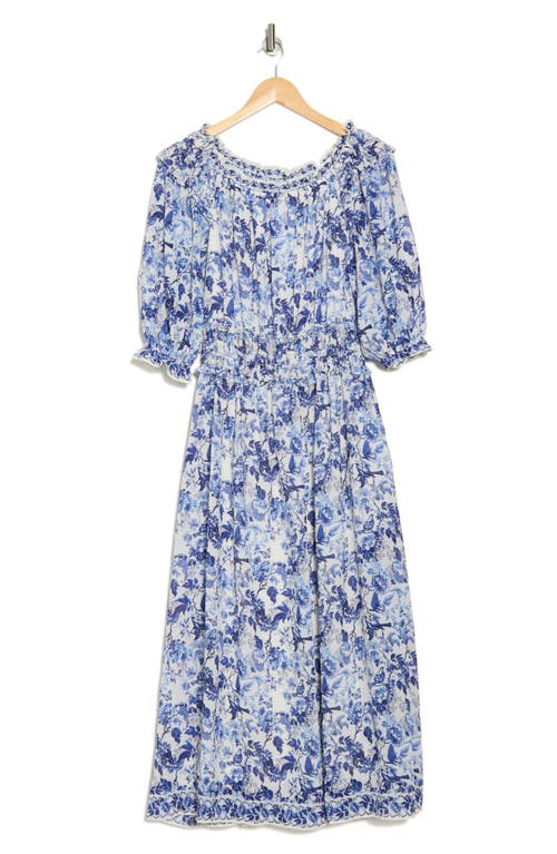Max Studio Floral Balloon Sleeve Georgette Maxi Dress In Cream/blue Lush Grdn Toile