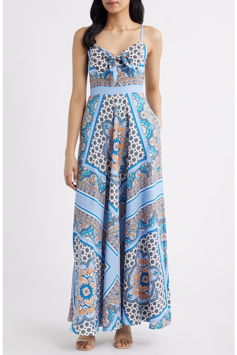 Tie Front Maxi Sundress, Main, color, BLUE MULTI
