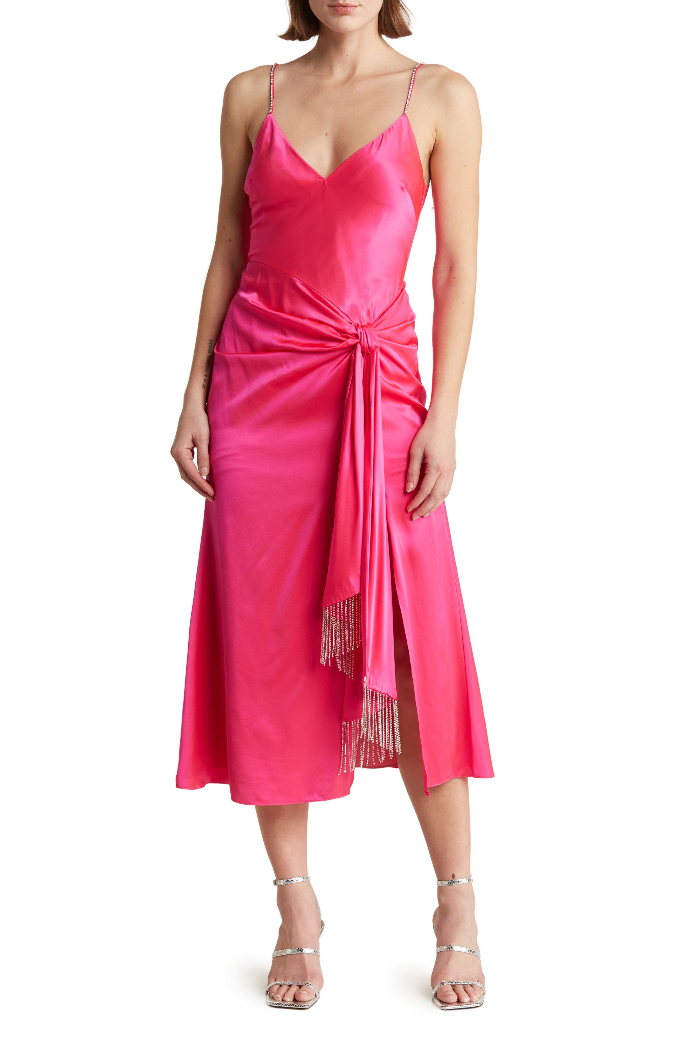 Cinq à Sept Kalena Rhinestone Chain Tie Front Silk Midi Dress (Women ...