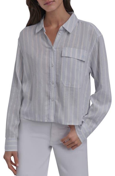 Stripe Crop Linen Blend Button-Up Shirt