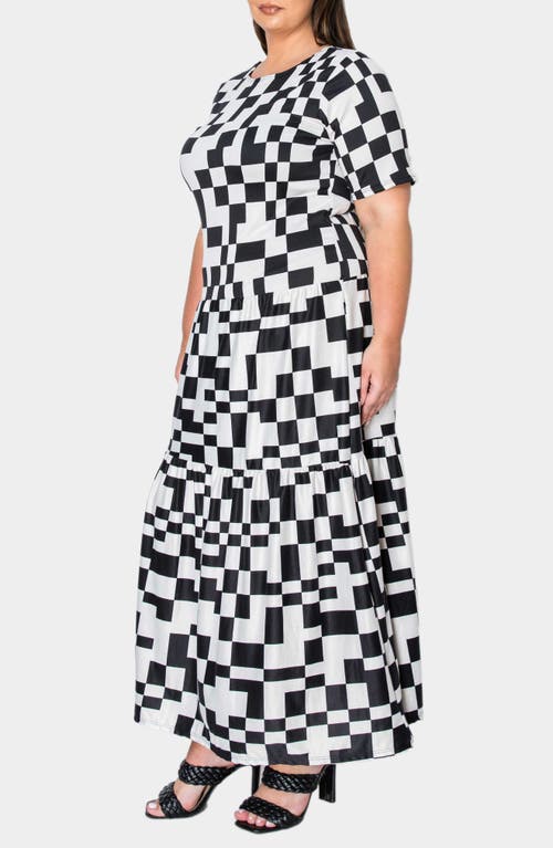 L I V D Artemesia Abstract Checkerboard Tiered Maxi Dress In Black White