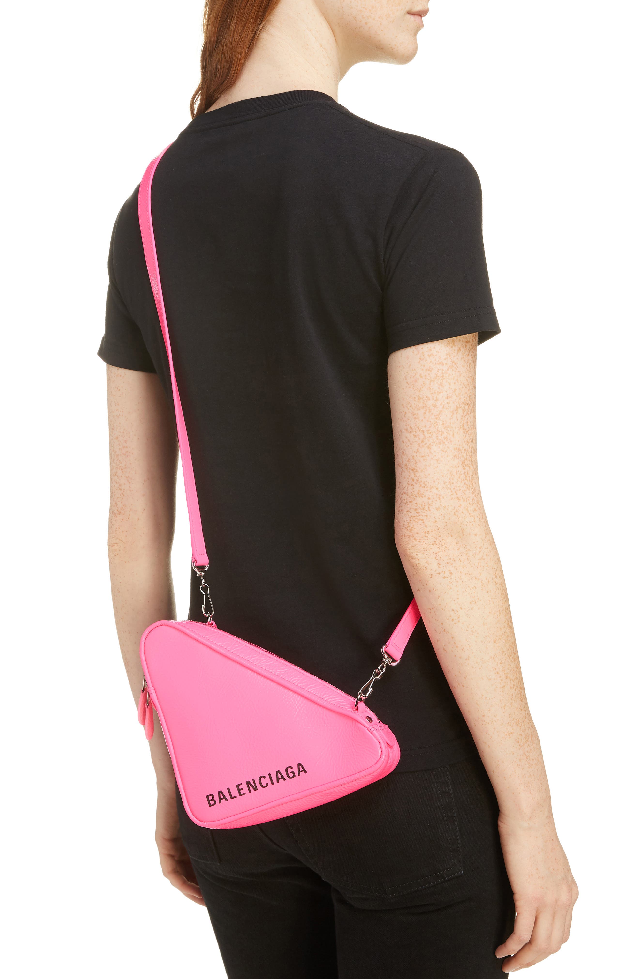 Triangle Calfskin Crossbody Bag, Alternate, color, ACID PINK/ BLACK