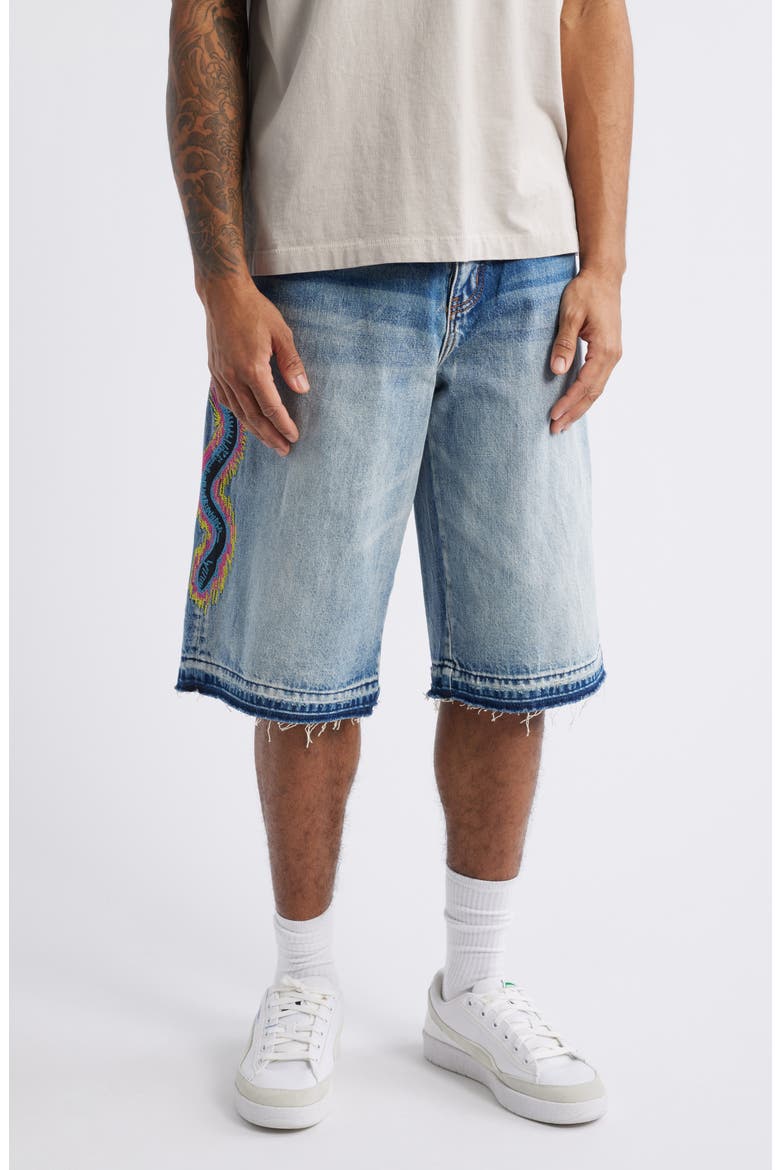 Snake Embroidered Denim Shorts, Main, color, WASHED INDIGO