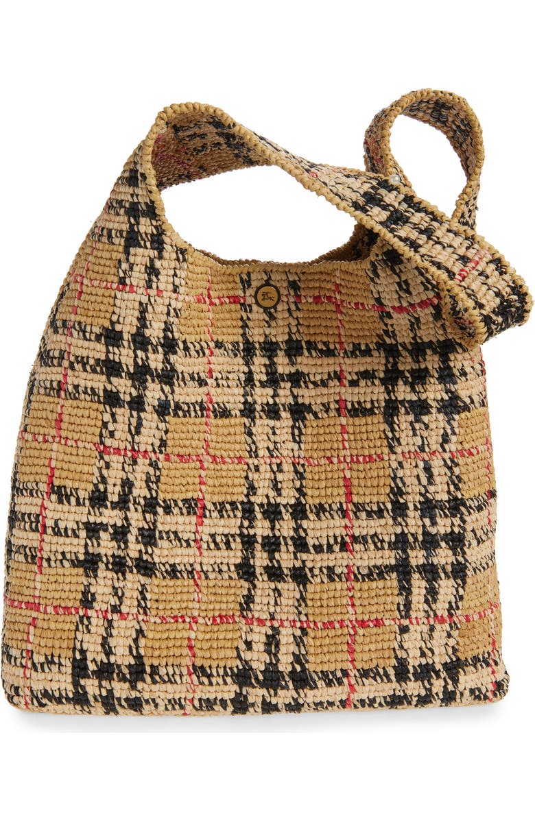 Burberry Margate Check Raffia Hobo Bag, Main, color,