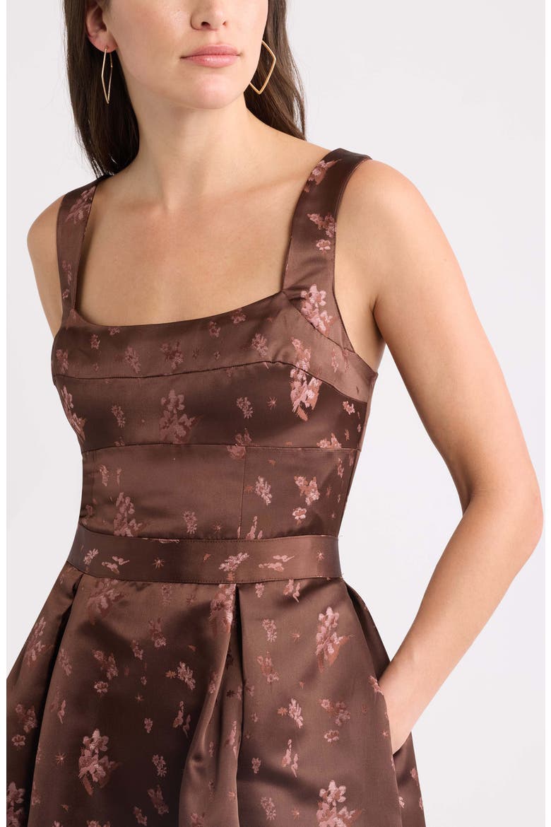 Pleated Seamed Bodice Jacquard Maxi Cocktail Dress, Alternate, color, BROWN BROCADE