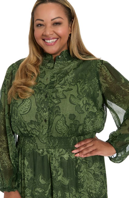 London Times Paisley Long Sleeve Tiered Chiffon Maxi Dress In Green