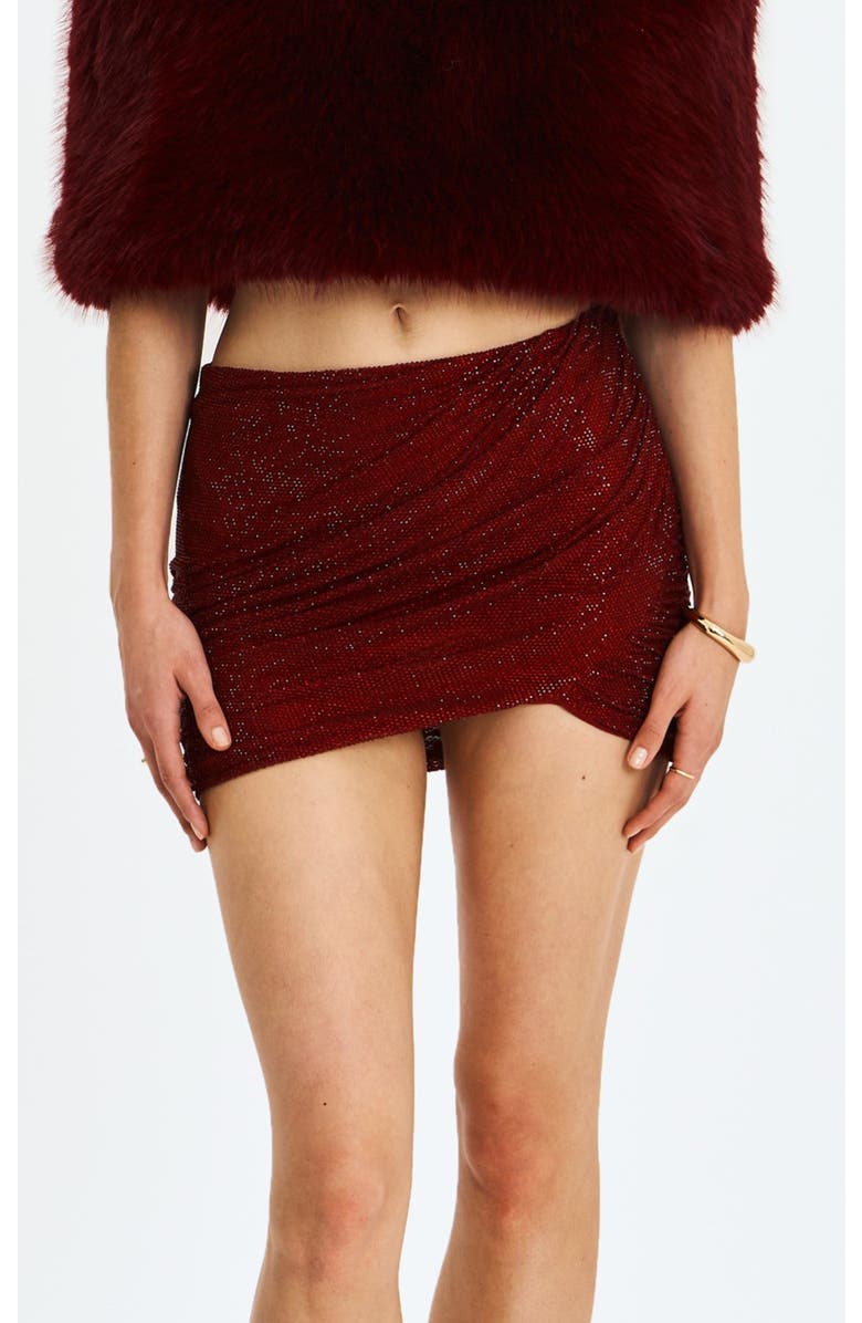 Miss Circle Darleen Rhinestone Mesh Low Waist Ruched Skirt, Main, color, Burgundy