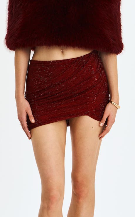 Darleen Rhinestone Mesh Low Waist Ruched Skirt