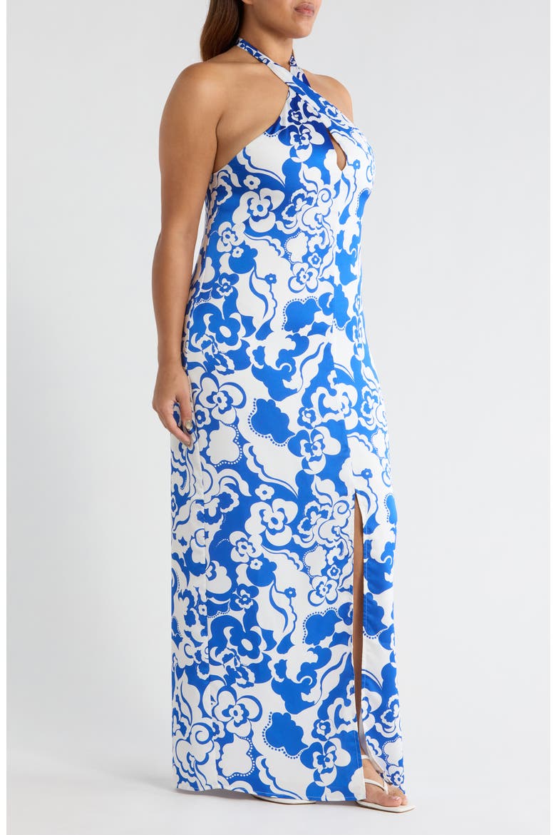 Helsinki Floral Tilda Satin Halter Maxi Dress, Alternate, color, WHITE-COBALT