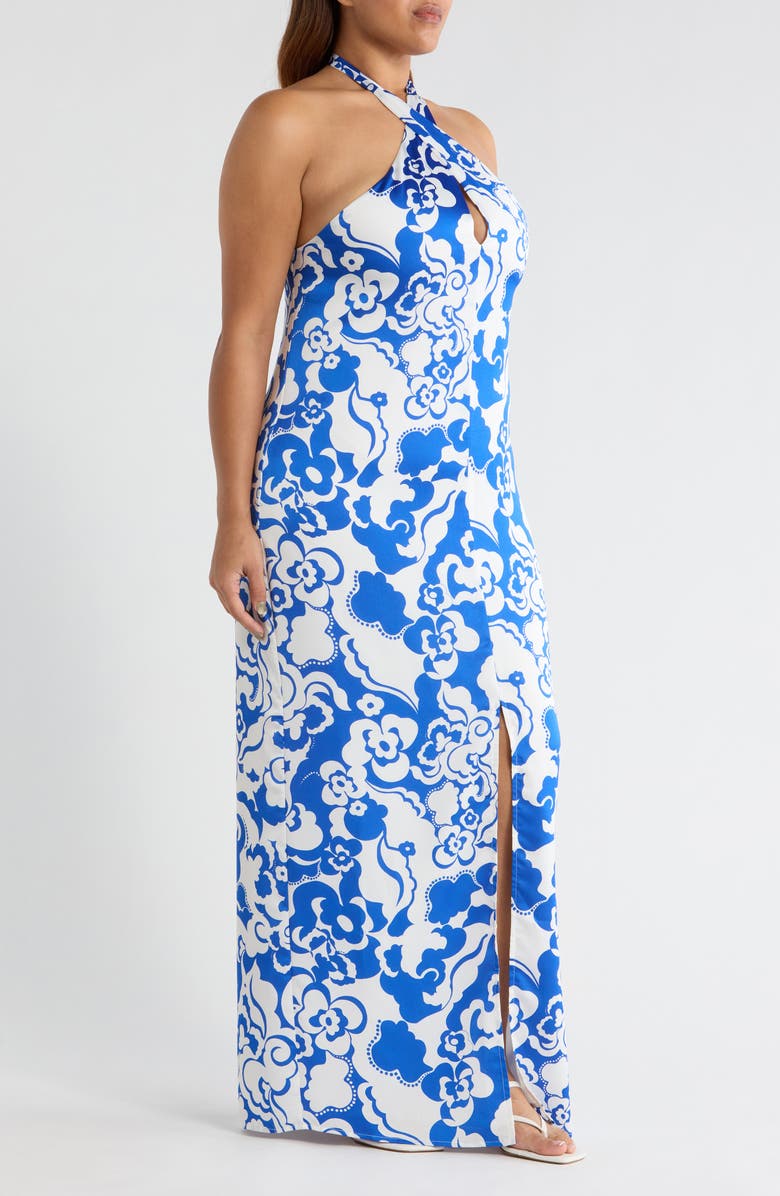 SUGARLIPS Helsinki Floral Tilda Satin Halter Maxi Dress, Alternate, color, White-Cobalt
