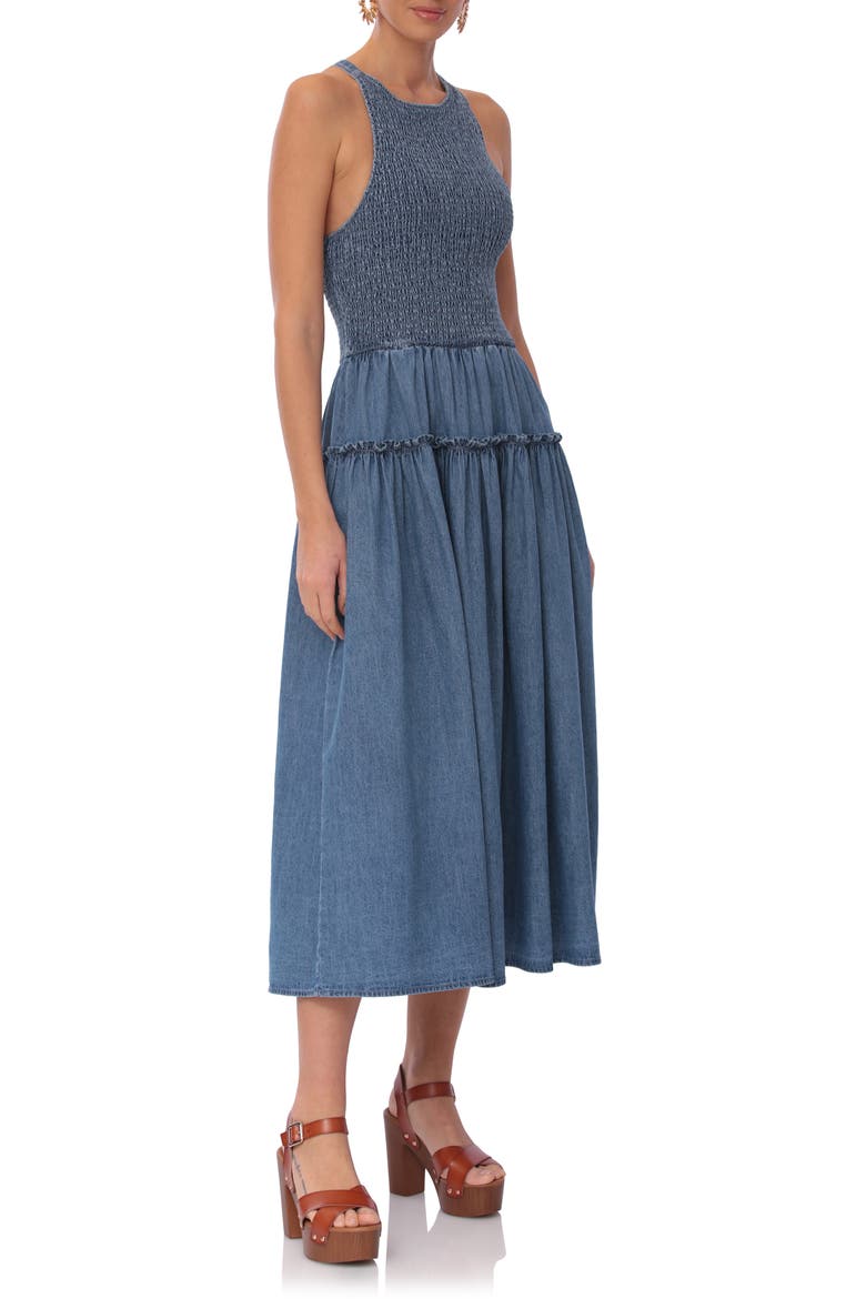 Smocked Bodice Chambray Midi Dress, Alternate, color, LIGHT WASH