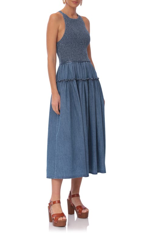 Avec Les Filles Smocked Bodice Chambray Midi Dress In Light Wash