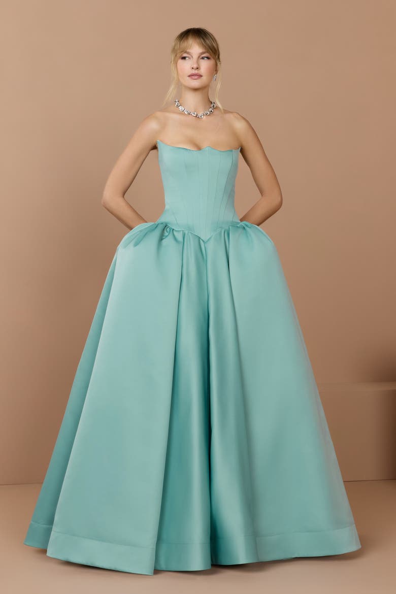 Strapless Sweetheart Satin Ball Gown with Pockets, Alternate, color, Seafoam