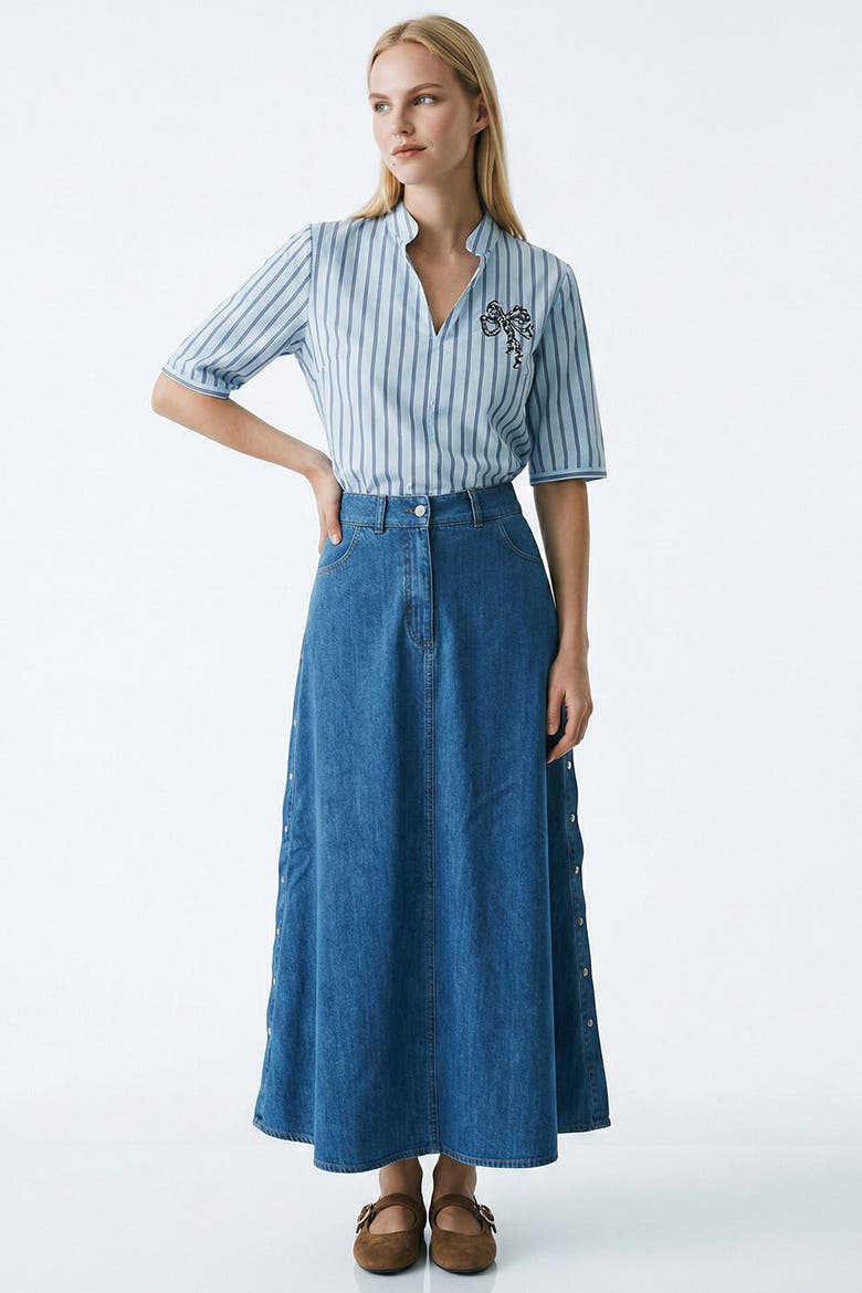 Blaize High Waist A Line Midi Denim Skirt, Alternate, color, Indigo