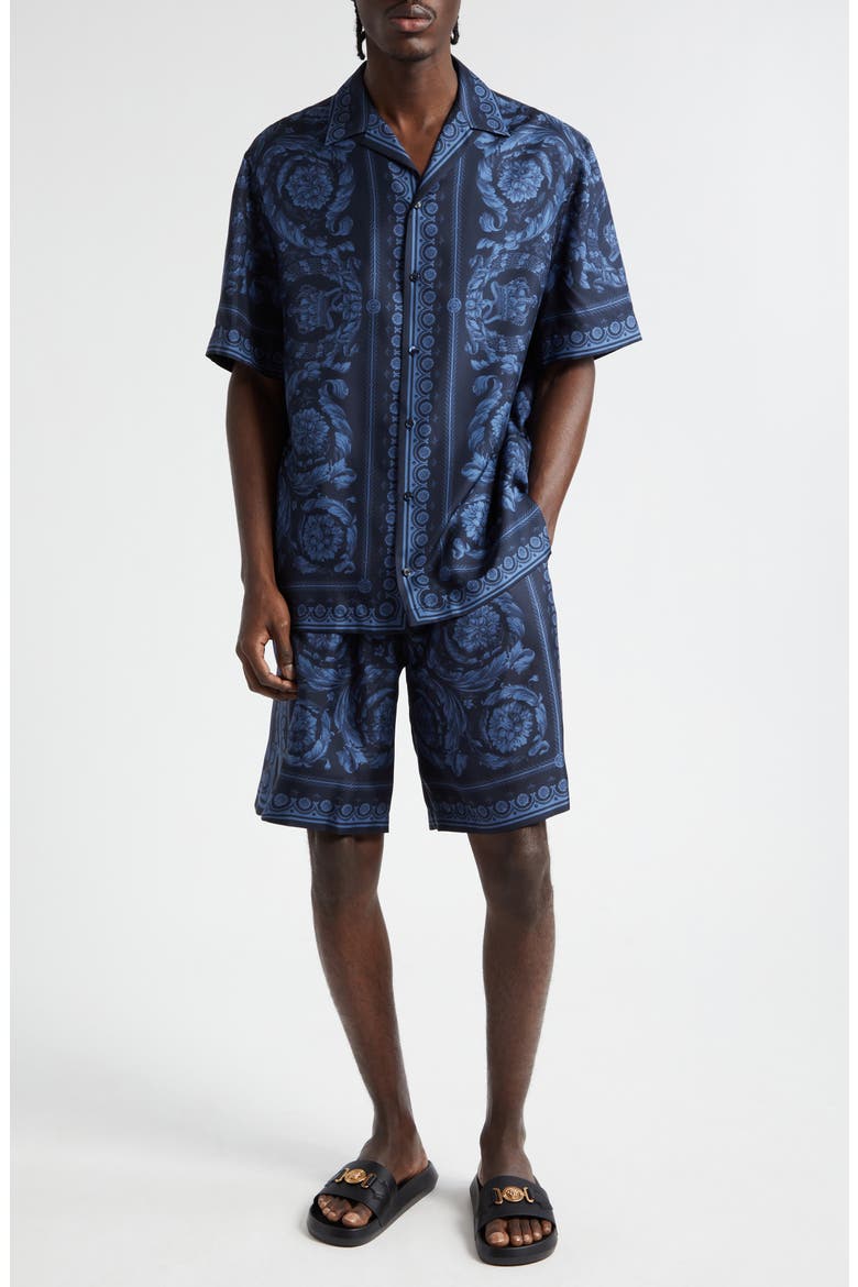 Barocco Print Silk Button-Up Shirt, Alternate, color, NAVY BLUE
