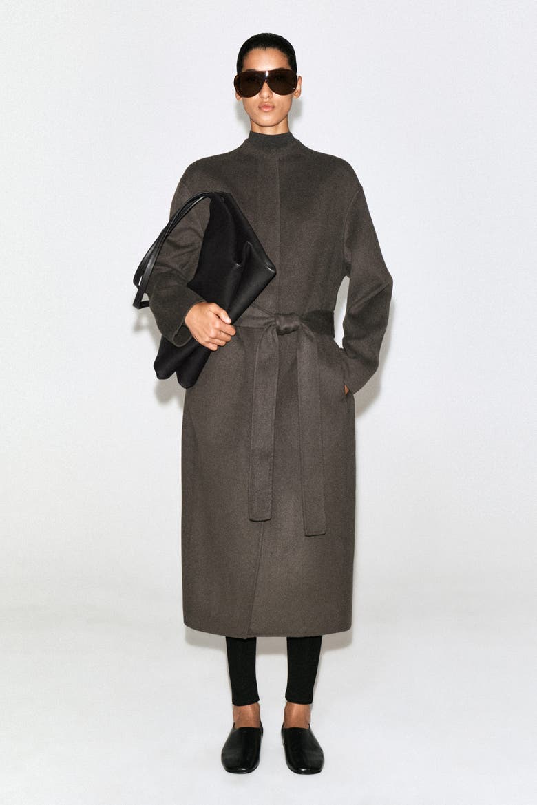 Belted Double-Faced Wool-Blend Long Coat, Main, color, BROWN