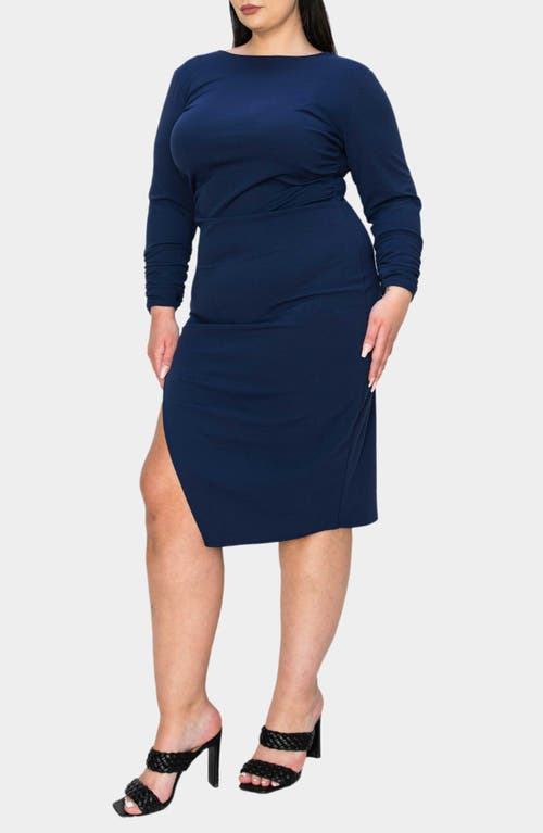 L I V D Bianca Open Back Side Slit Long Sleeve Stretch Dress In Navy
