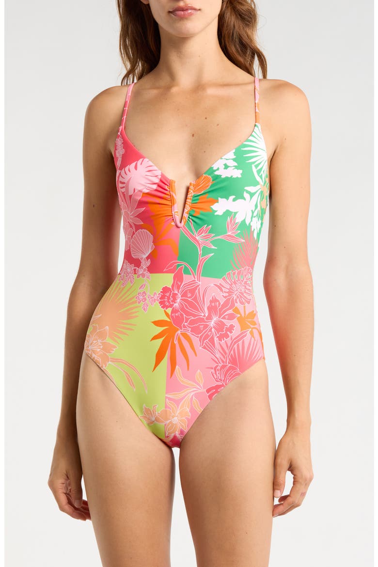 V-Wire One-Piece Swimsuit, Main, color, GREEN/ PINK MULTI