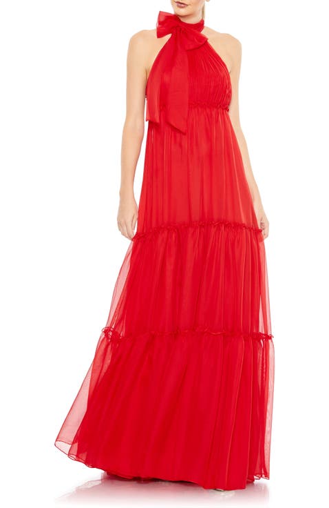 Ruched Tiered High Neck Bow A Line Gown