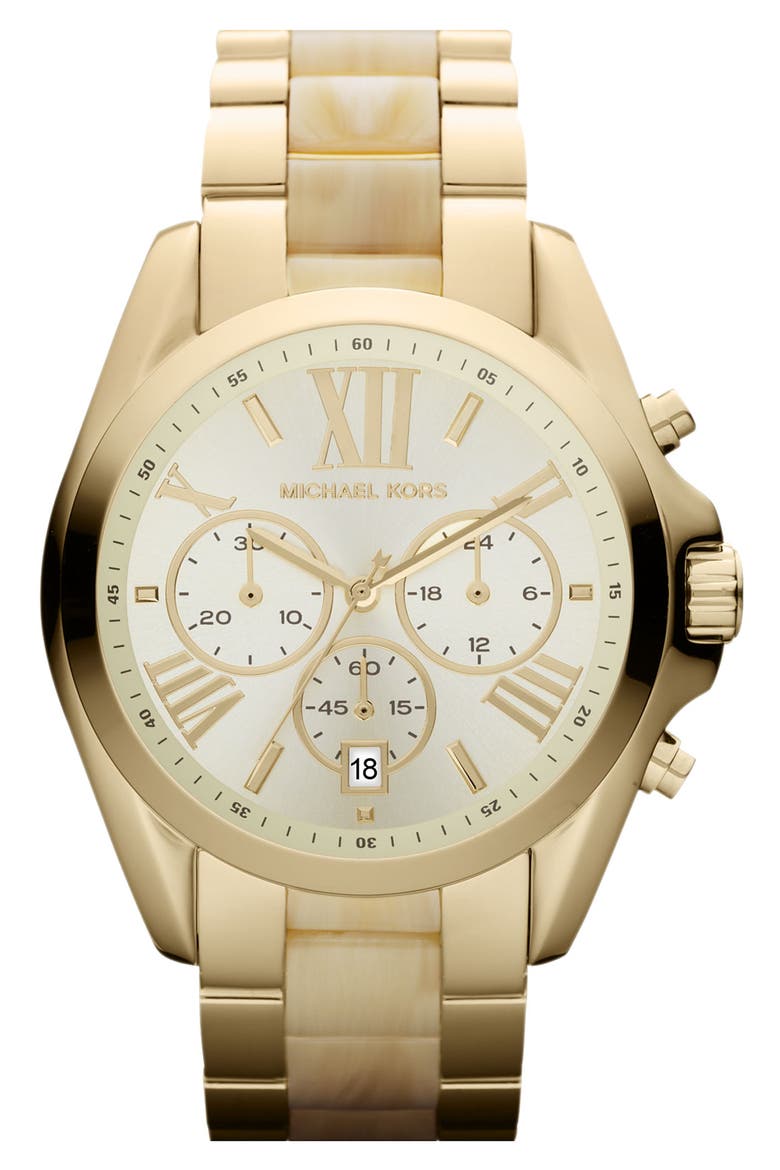 Michael Kors 'Bradshaw' Chronograph Bracelet Watch, Main, color, HORN/ GOLD