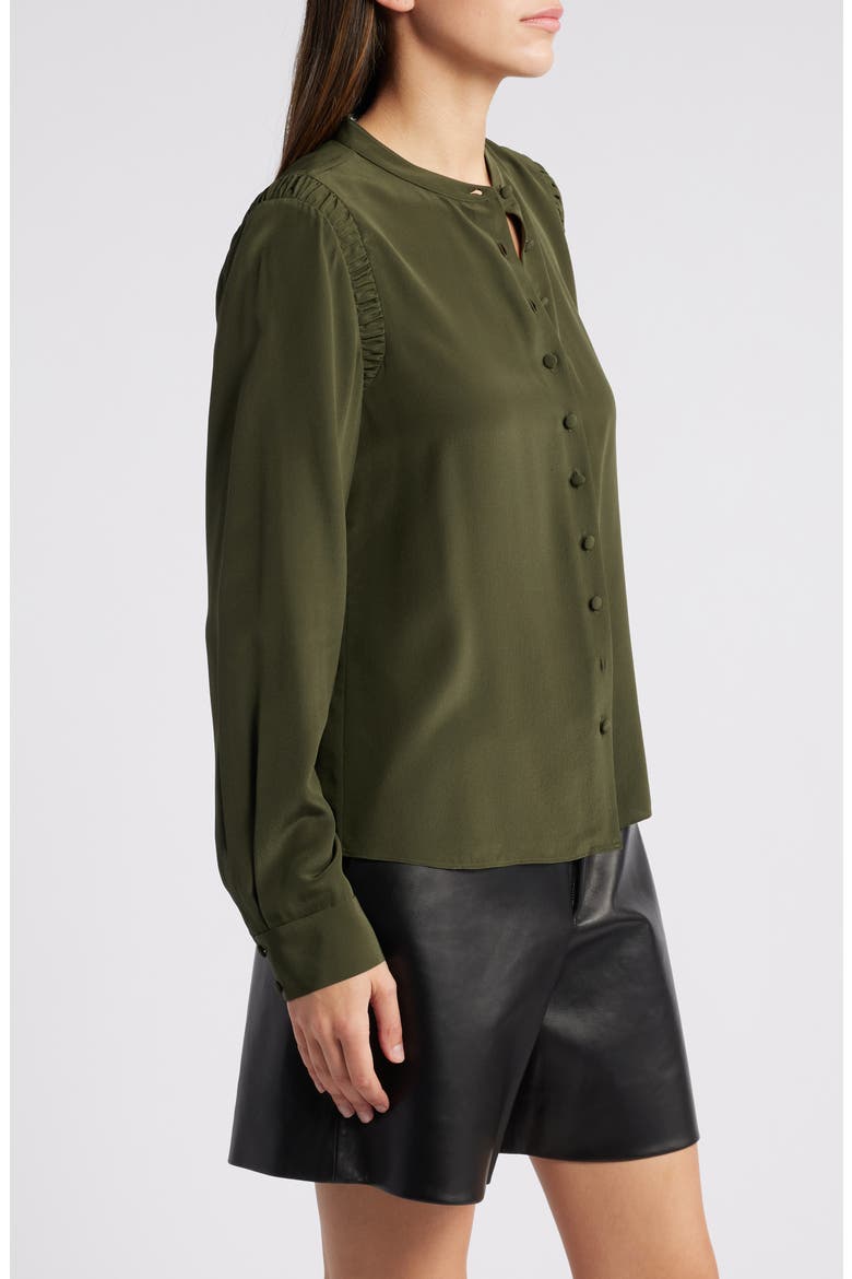 Band Collar Silk Button-Up Shirt, Alternate, color, MILITARY GREEN