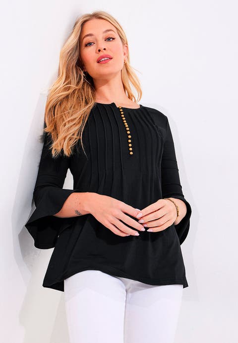 Stretch Cotton Bell Sleeve Henley (Plus)
