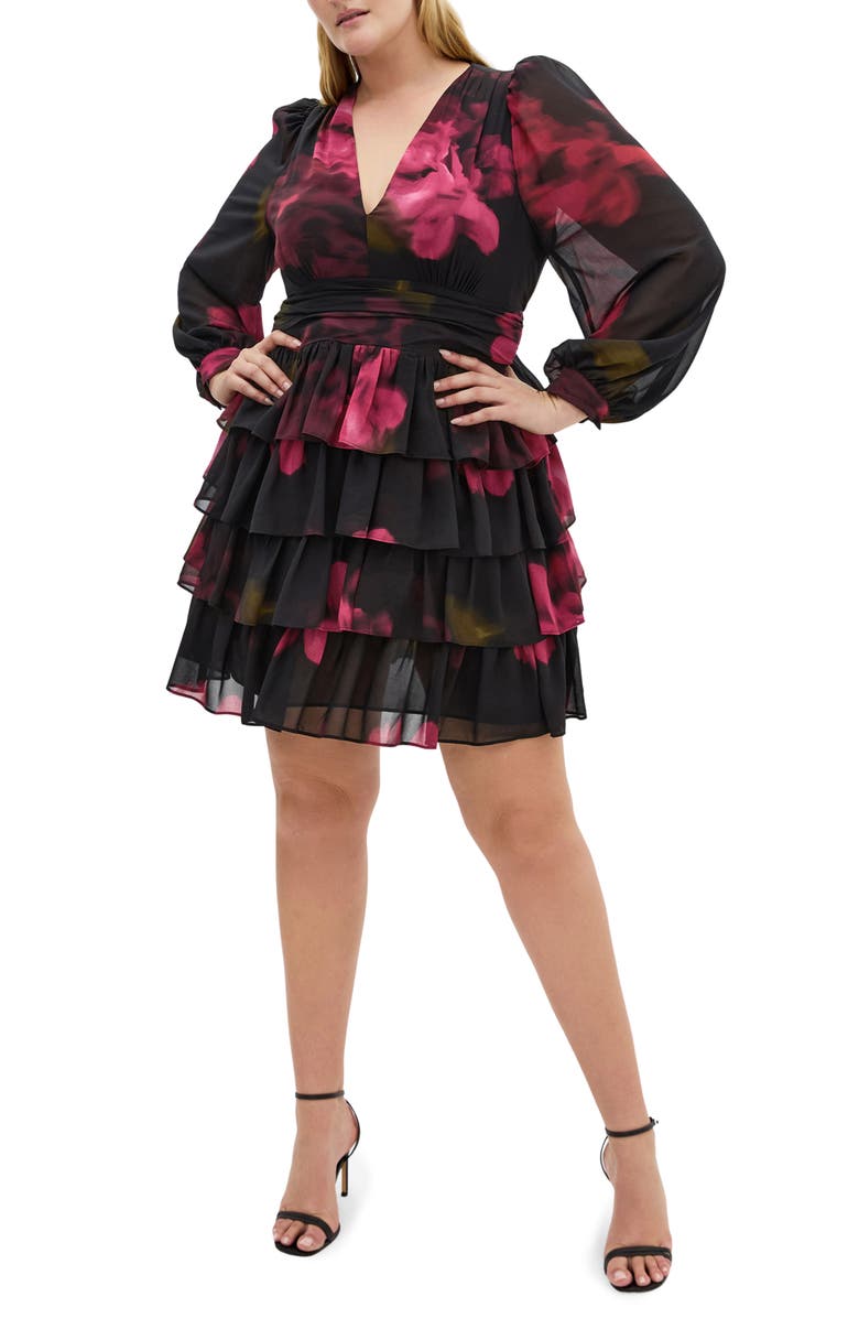 City Chic Kailey Long Sleeve Floral Print Minidress, Main, color, Vivid Garden