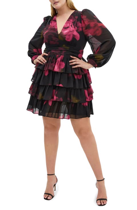 Kailey Long Sleeve Floral Print Minidress (Plus)