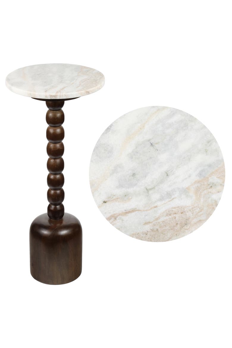 Turner Transitional Tall Round Drink Table, Pedestal Accent Side Table with Bobbin Spool Leg for Living Room, Main, color, Dark Brown/Beige/Gray