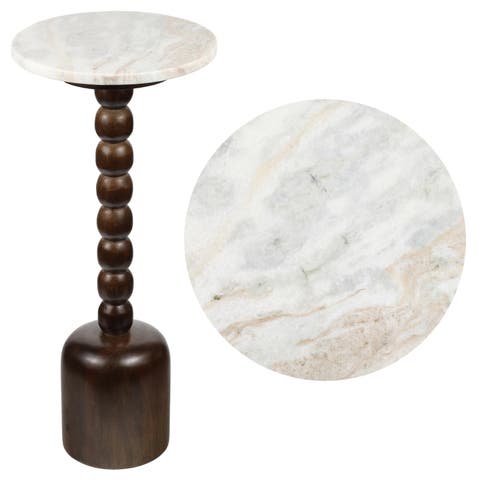 Turner 24.5" Designer Cottage Spindle Wood Column Drink Table and Decorative End Table with Marble Round Top