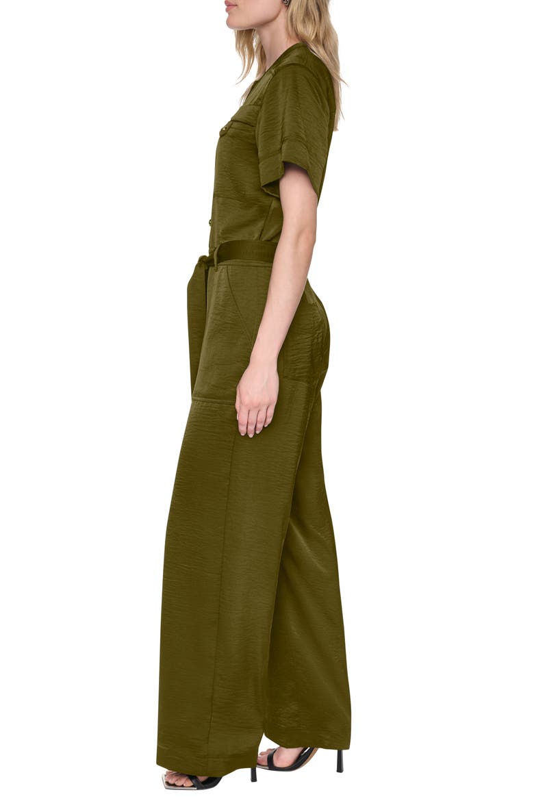 Tie Waist Satin Utility Jumpsuit, Alternate, color, DARK OLIVE