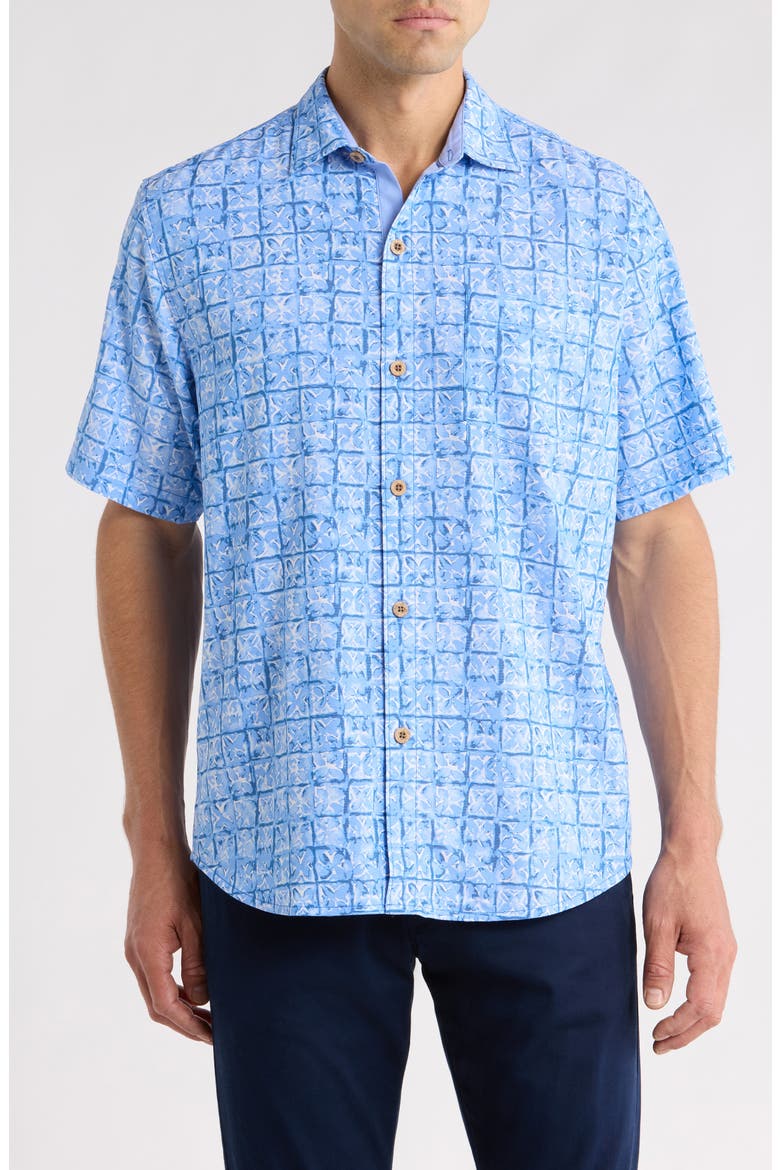 Coastal Ease Carrico Tiles IslandZone® Short Sleeve Button-Up Shirt, Main, color, DUSTY ICICLE