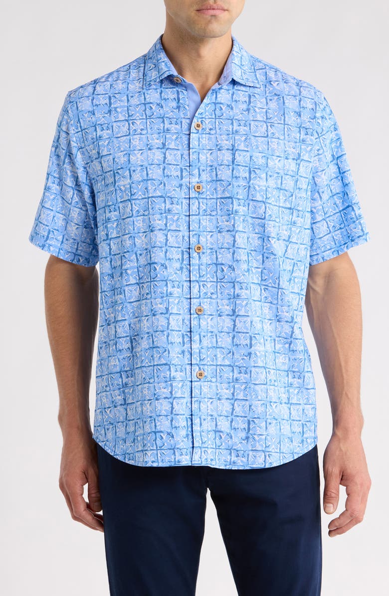 Tommy Bahama Coastal Ease Carrico Tiles IslandZone<sup>®</sup> Short Sleeve Button-Up Shirt, Main, color, Dusty Icicle