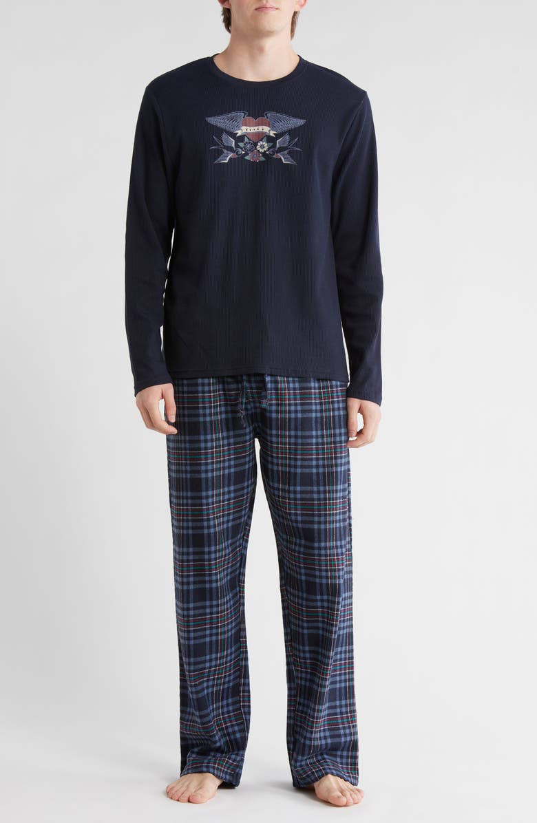 Lucky Brand Long Sleeve Thermal Shirt & Plaid Flannel Pants Pajamas, Alternate, color, Mood Indigo/ Mood Indigo Plaid