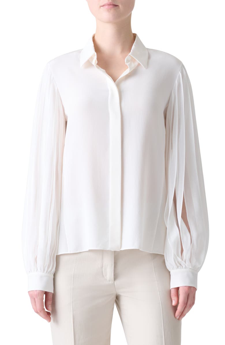 Akris Ribbon Sleeve Silk Button-Up Shirt, Main, color, Ecru
