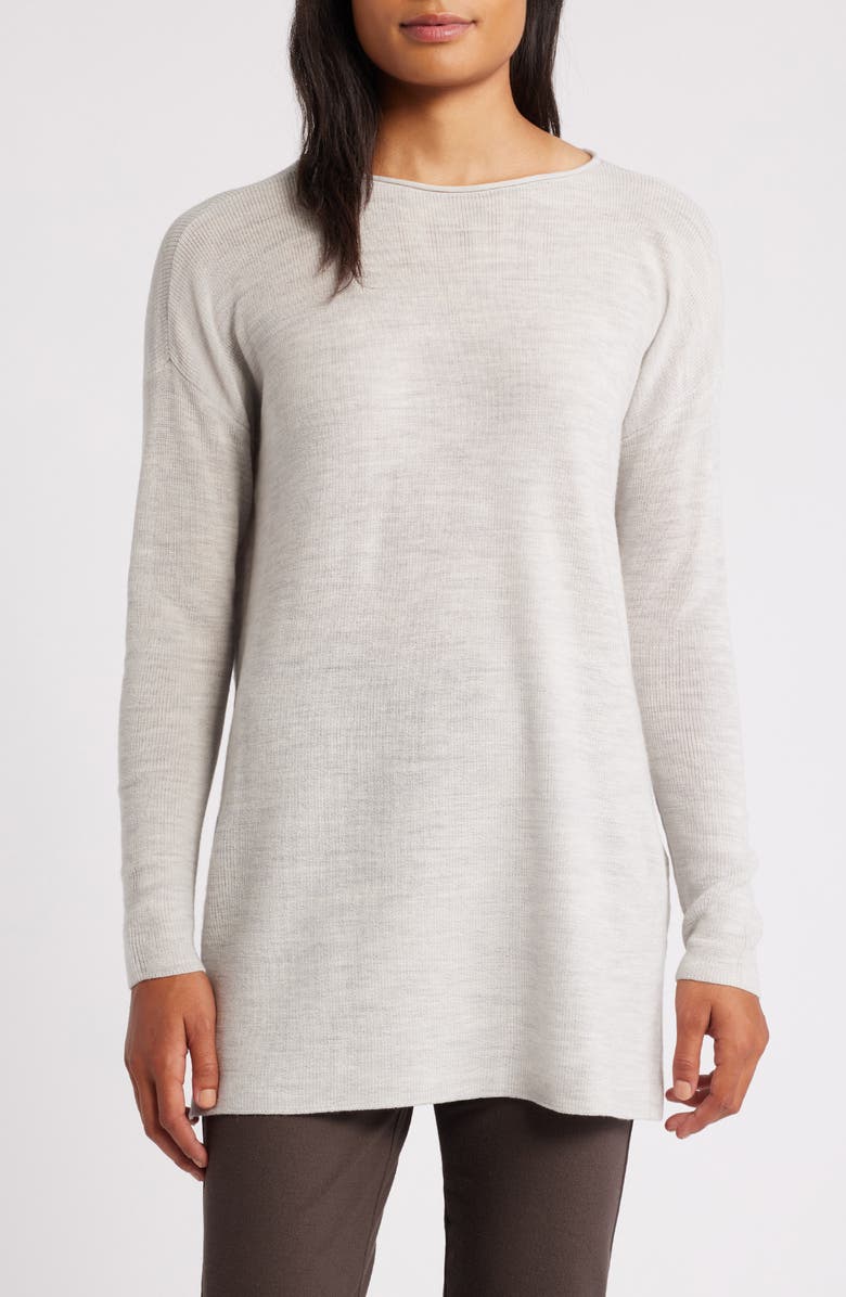 Eileen Fisher Bateau Long Sleeve Merino Wool Tunic Top, Main, color, Sea Salt