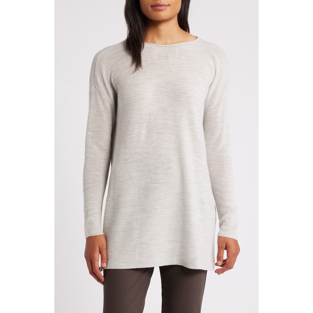 Eileen Fisher Bateau Long Sleeve Merino Wool Tunic Top In Sea Salt