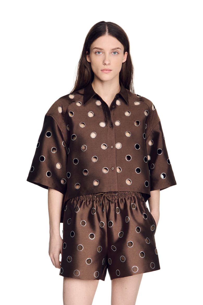 Oversized shirt with rhinestones holes, Alternate, color, Brown