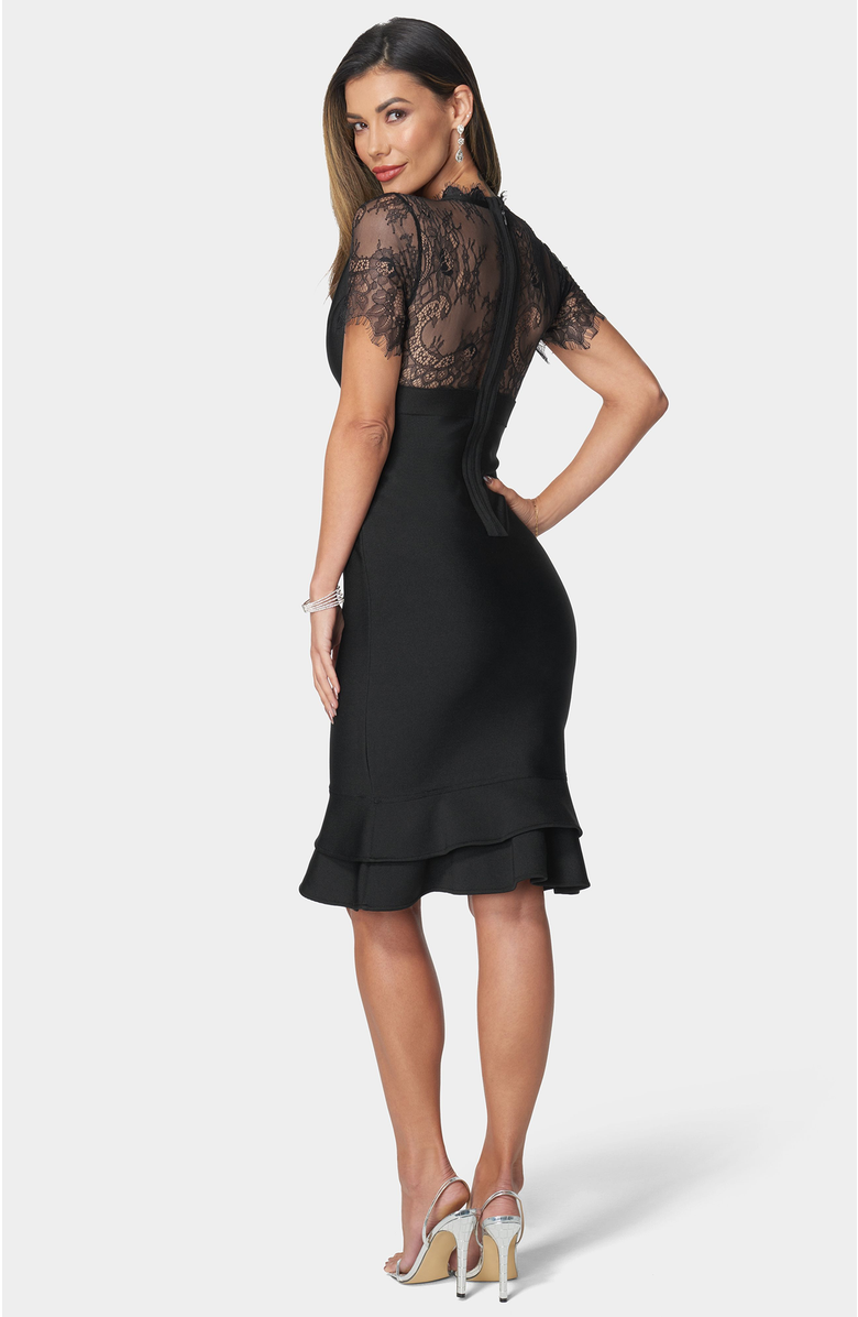bebe Lace Trim Bandage Bodycon Dress, Alternate, color, Black