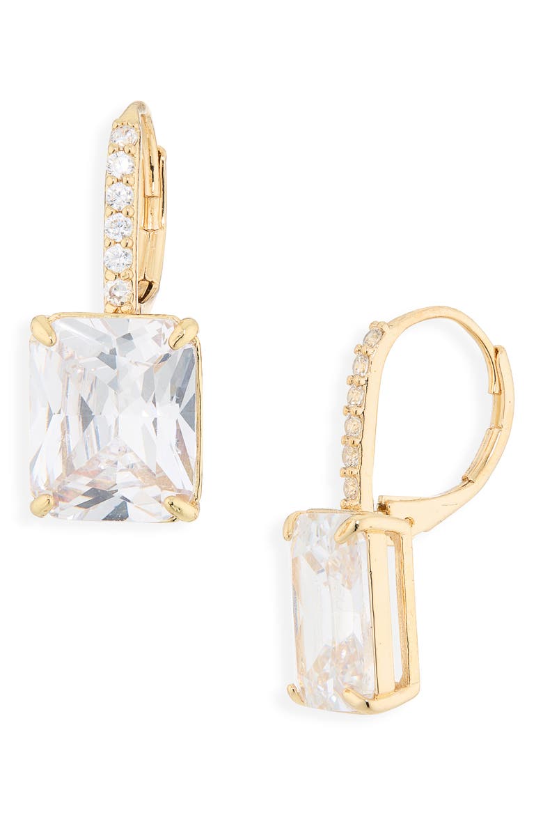 Crystal Square Pavé Leverback Earrings, Main, color, CLEAR- GOLD