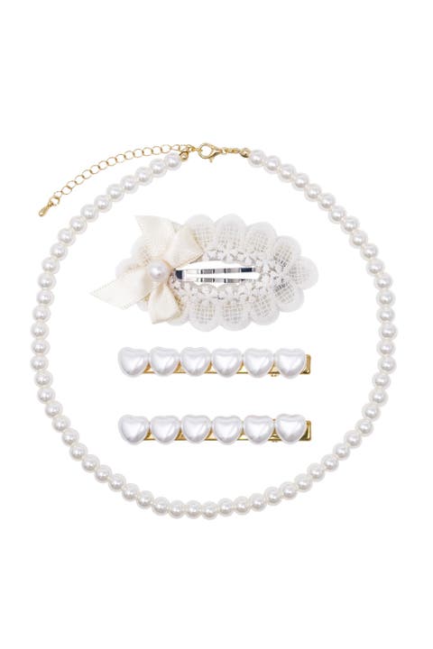 Kids’ Pearl Necklace & Ivory Heart Hair Clip 4-Piece Set