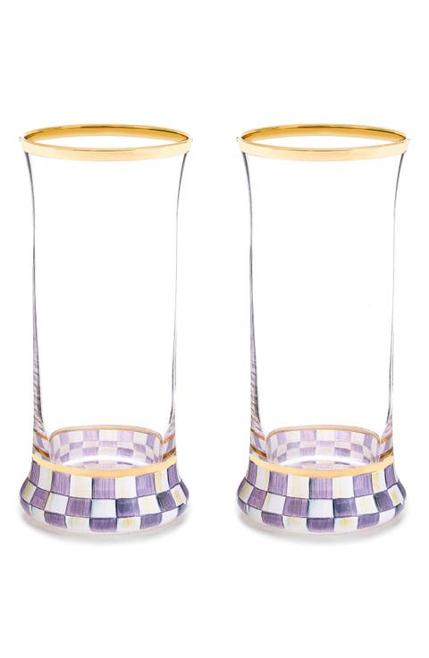 Violet Check Set of 2 Highball Glasses