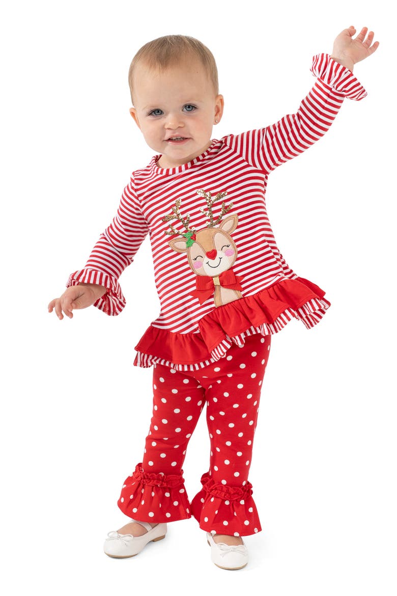 Reindeer Applique Top & Leggings Set, Alternate, color, RED