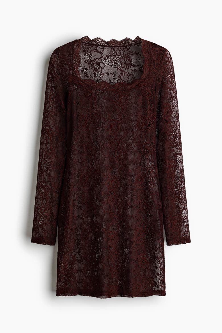 Square-neck Lace Dress, Alternate, color, Dark brown