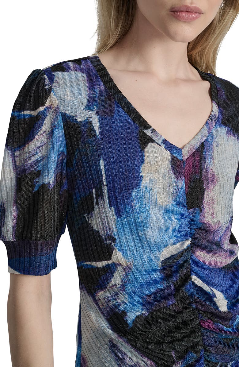 DKNY Print Ruched Puff Sleeve Top, Alternate, color, Blue Brush