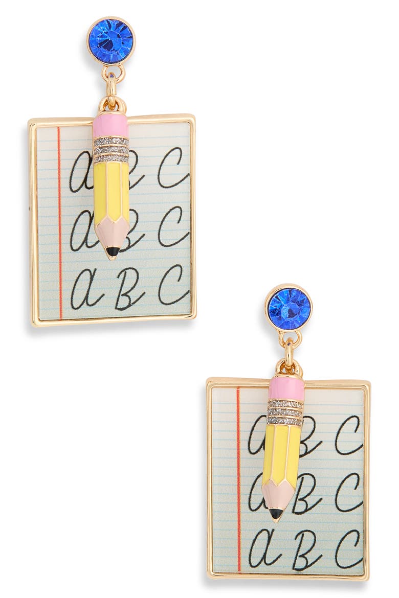 Notebook & Pencil Drop Earrings, Main, color, BLUE MULTI- GOLD