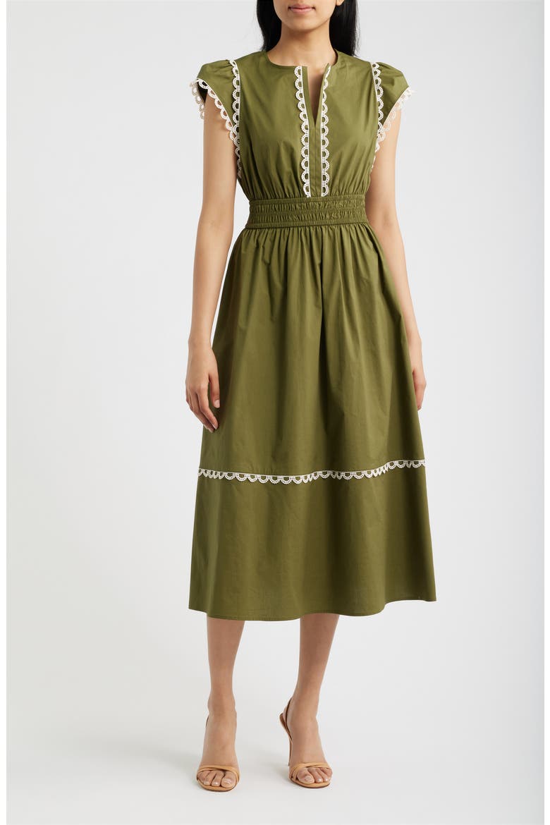 Scallop Cap Sleeve Midi Dress, Main, color, IVY / WHITE DOVE